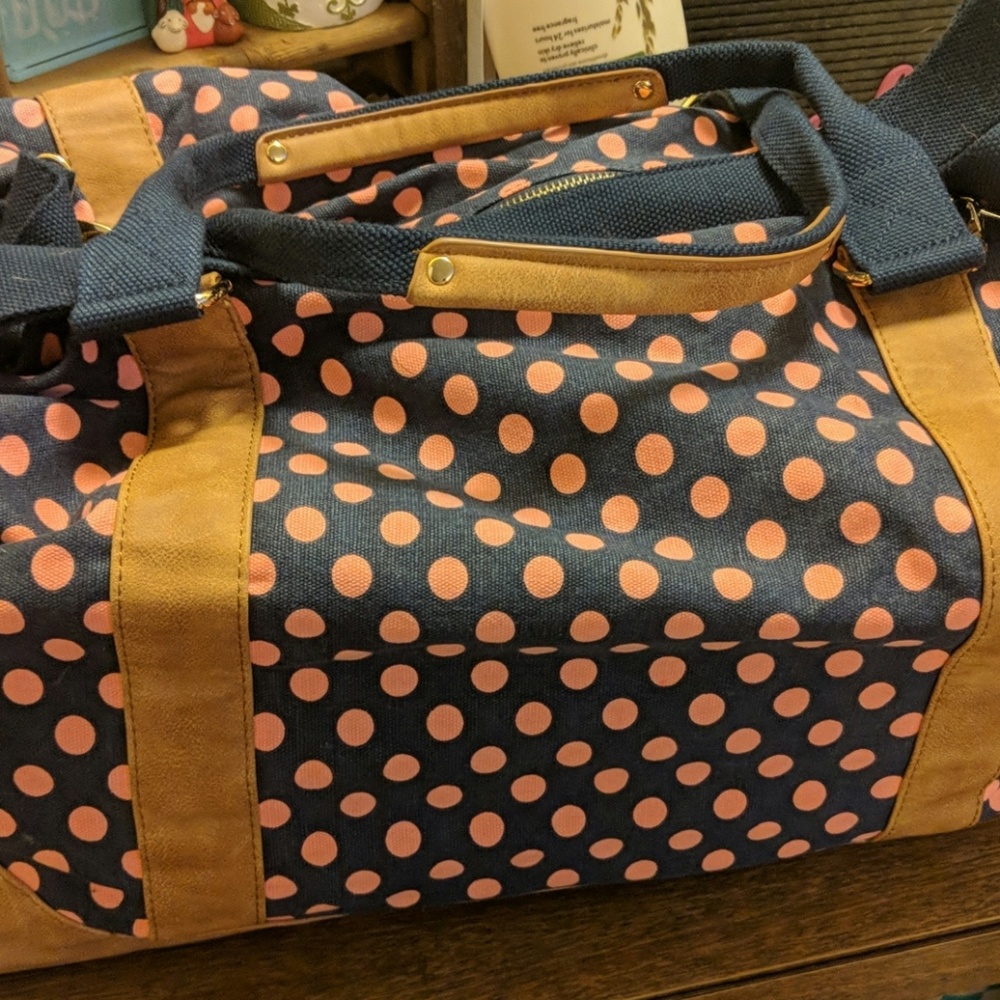 Navy & Coral Polka Dot Weekender